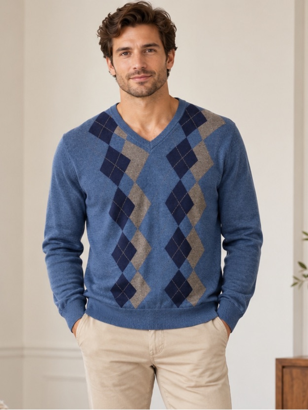 Banana Republic Argyle V Neck Sweater Silk Cotton Cashmere Preppy Blue Mens M